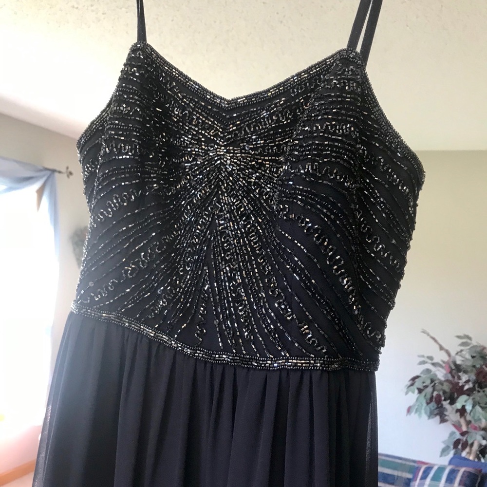 David’s Bridal Navy long beaded bridesmaid dress